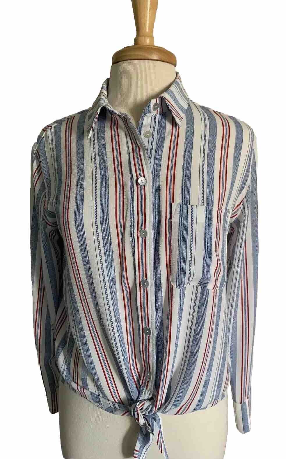 Olivaceous Long Sleeve Button Up Shirt Size Small S Stripes Knot Tie Front