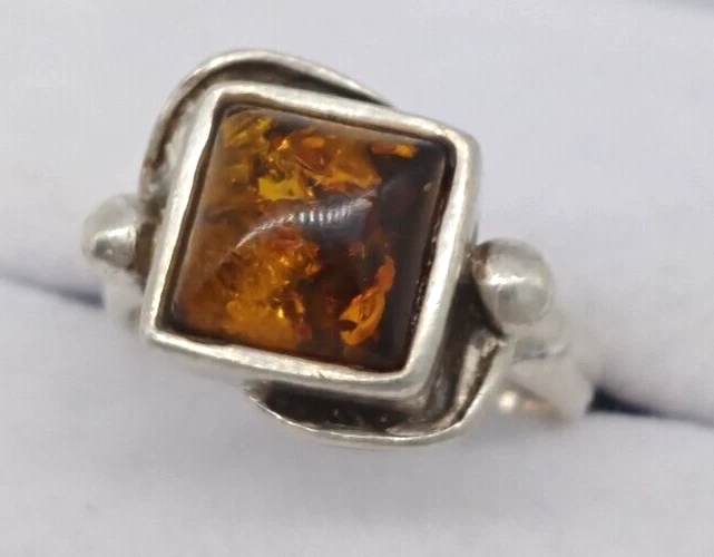 Amber Gemstone Ring Sterling Silver 925 Size 5.5 Square Designer Estate Vintage Foto 4 de 4