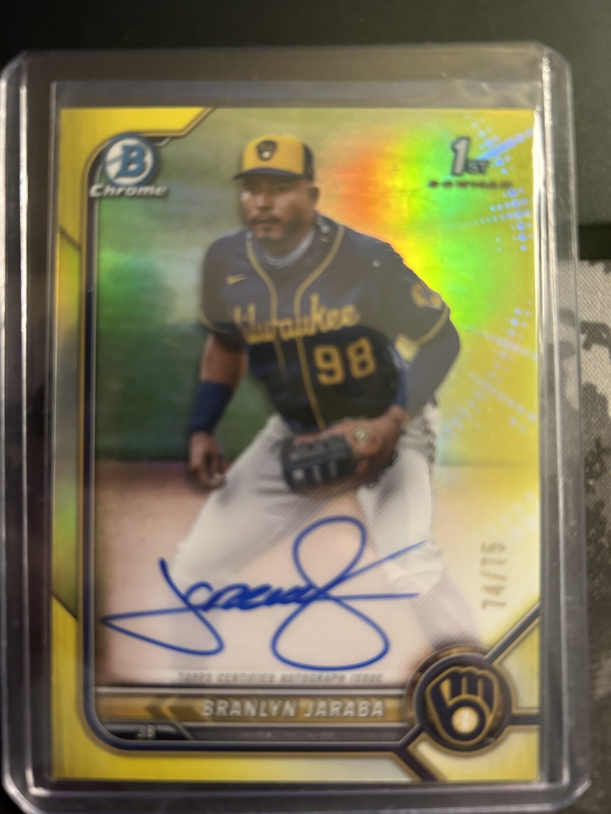 2022 Bowman Chrome 1st Branlyn Jaraba On Card Auto Yellow /75 CPA-BJ Brewers