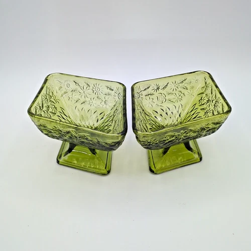 Vintage Avocado Green Indiana Glass Floral Diamond Shape Candy Nut Dish 2 Bowls