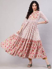 Indian Women Red Cotton Floral Printed Anarkali Kurta Kurti Dress