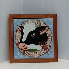 Hanging Wood Framed Holstein Cow Tile Trivet Farmhouse Country Cattle Folk Decor