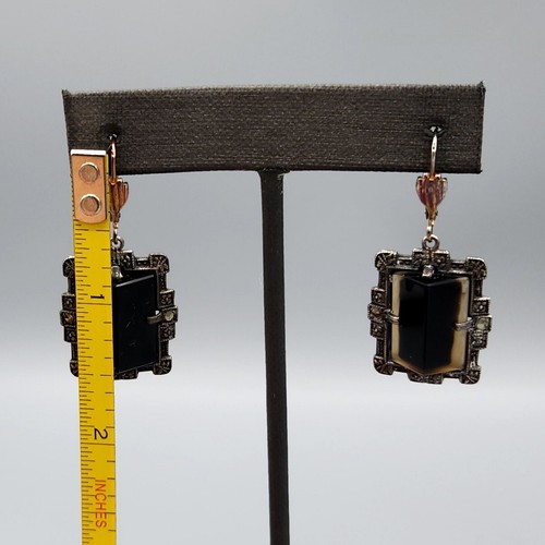Orecchini a leva Art Deco argento sterling onice marcasite lavalier collana - Foto 10 di 12