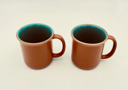 Vintage Crown Corning Japan Coffee Mug Terra Cotta Teal Set Of 2
