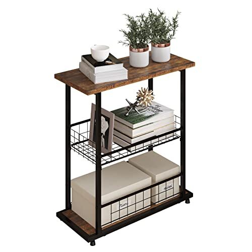 Side Table, 3-Tier End Table, Narrow Sofa Table Bedside Table, W/ Fence Brown - Picture 2 of 7