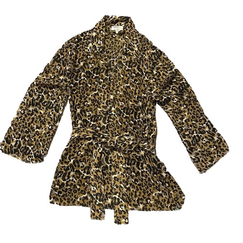 Lejaby Paris Short Robe Shirt Women’s S Tan Black Leopard Print Belted Sheer