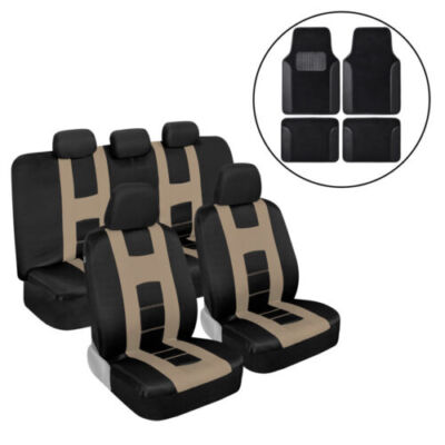 Full Set Beige Car Seat Covers Combo Pack with Black Carpet Floor