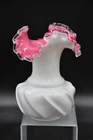 Vintage Fenton Silver Crest Pink White Wave Crest Ruffled Vase 6" Tall