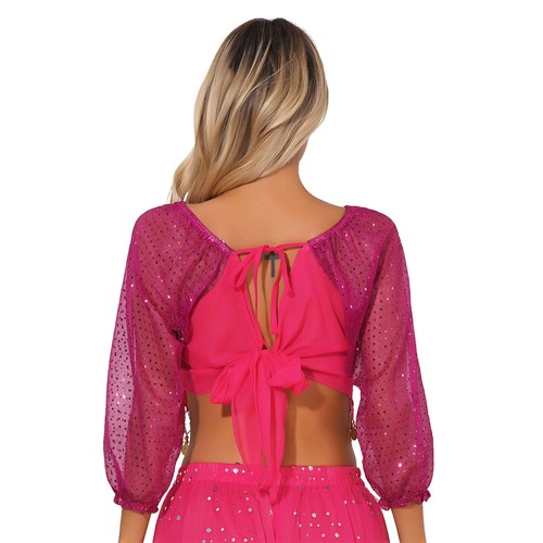 Womens Belly Dance Tops Self-tie Back Crop Top Long Sleeve Rave Party Costumes - Picture 19 of 44