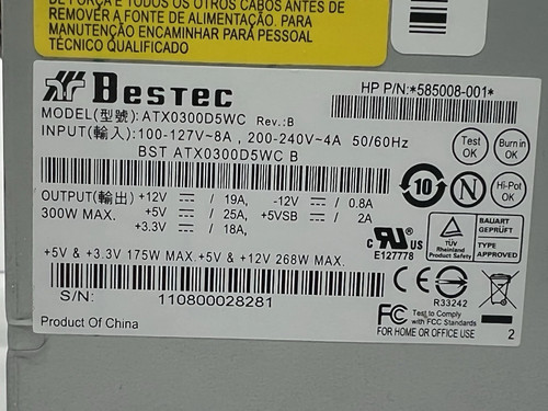 HP Bestec Desktop Power Supply ATX0300D5WC 585008-001 - Afbeelding 3 van 3