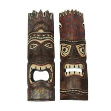 Set of 2 Hand Carved Brown Wood Polynesian Style Tiki Masks 20 Inches High