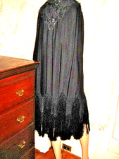VTG 49" L BLACK VICTORIAN BEADED CREPE MOURNING CAPE-HAND KNOTTED 15"L FRINGE