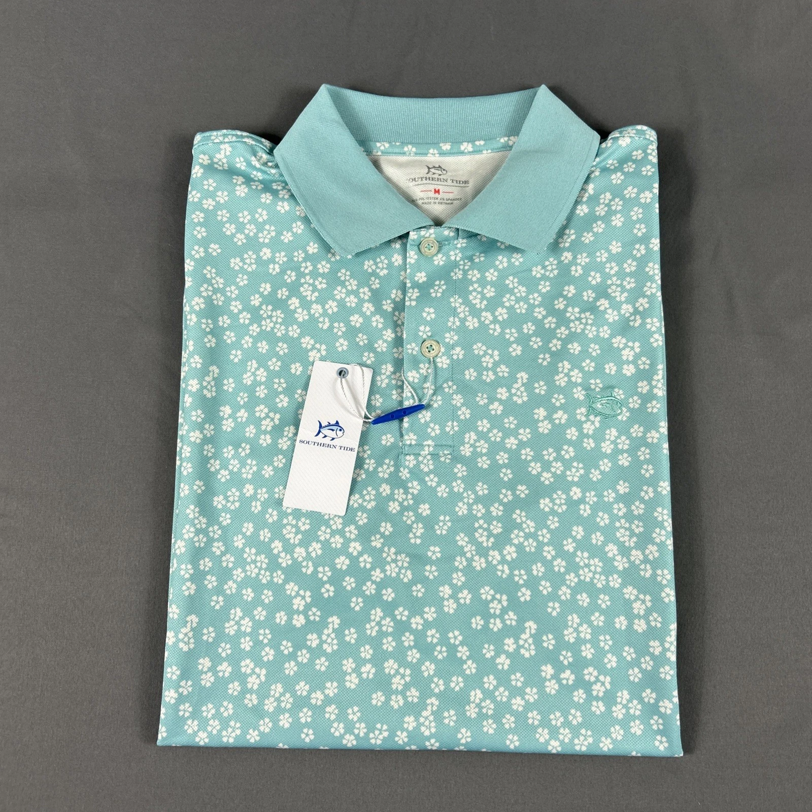 Southern Tide Golf Shirt Polo Floral Print Medium Marine Blue Polyester MSRP $88