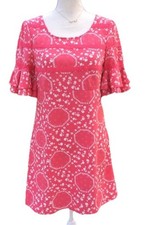 Free People Dress Womens Coral Pink Geo Garden Ruffle Boho Floral Shift Mini-M/L