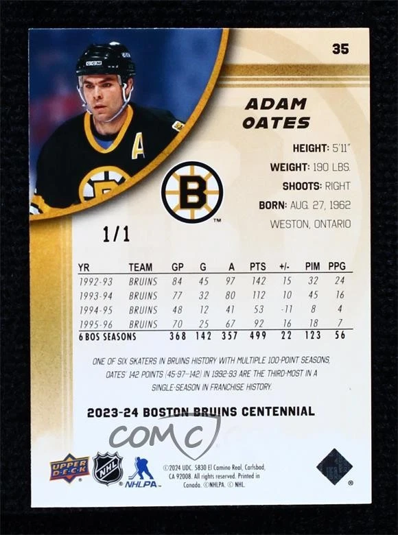 2023-24 Upper Deck Boston Bruins Centennial Black 1/1 Adam Oates #35 HOF - Image 2 of 2