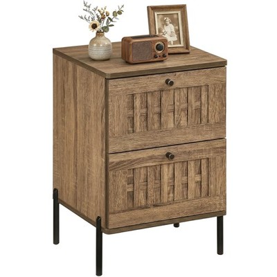 Nightstand w/2 Woven Storage Drawers,Metal Support Legs,for Bedroom,Rustic Oak