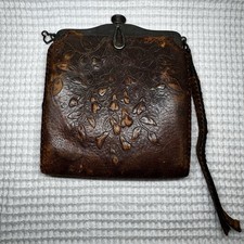 Antique 1900s Hand Tooled Leather Purse Art Nouveau Metal Frame Floral