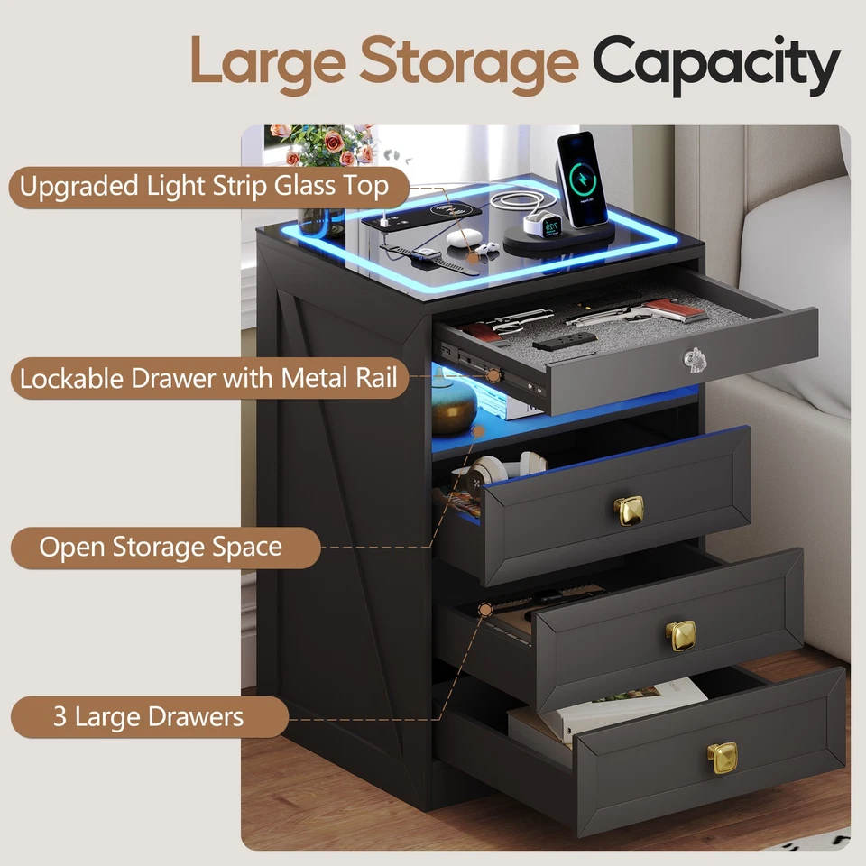 Mesita de noche LED con cajón para pistola y estación de carga, mesa auxiliar para dormitorio negra Foto 4 de 4
