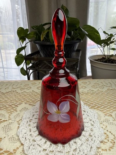Vintage Fenton Ruby Red Glass Bell, Hand Painted Florals & Signed, Date 1994