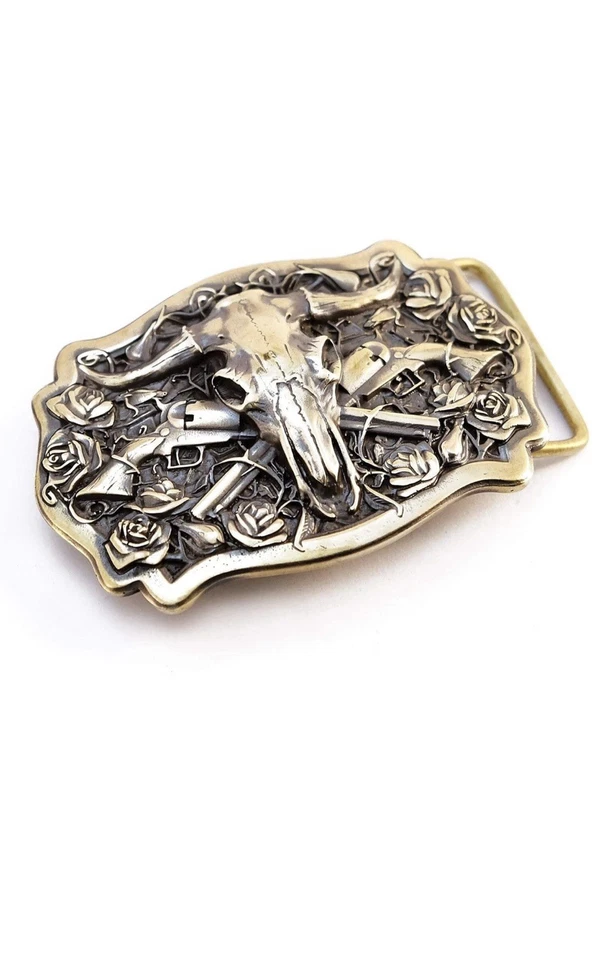 Calavera de búfalo de bisonte, ganado Longhorn tribal nativo vaquero occidental hombres latón macizo Foto 3 de 4