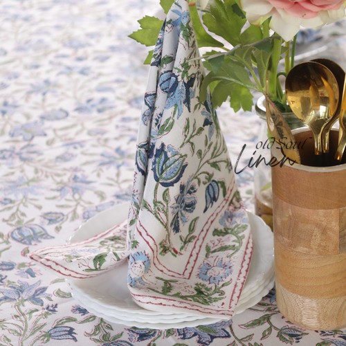 Vintage Blue Floral Block Print Tablecloth 100% Cotton Dining Decor Table Linen - Picture 6 of 6
