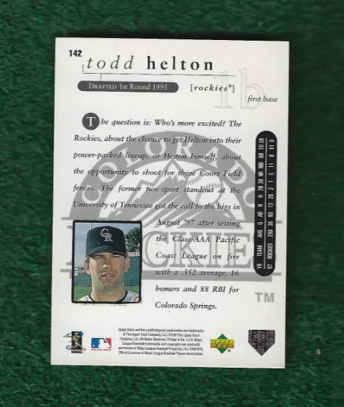 TODD HELTON - MLB HOF - 1998 UPPER DECK SPECIAL F/X - STAR ROOKIE CARD # 142 - Image 3 of 3