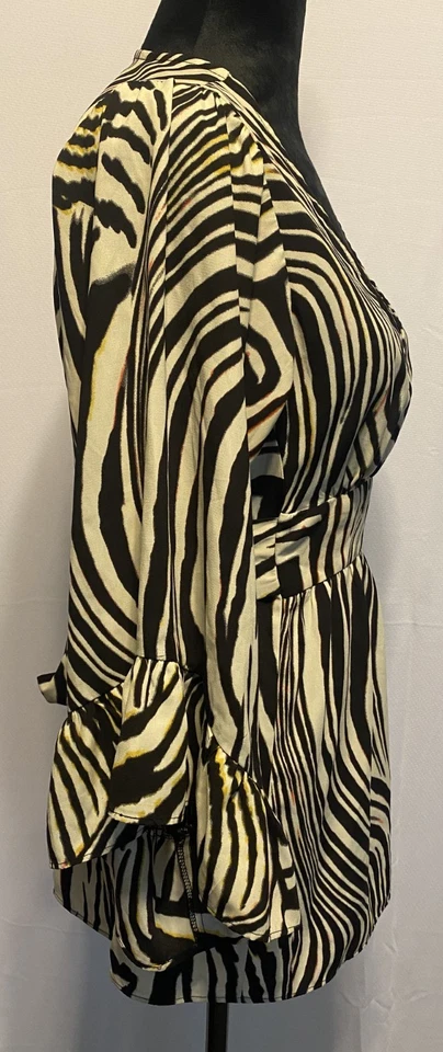 Betsey Johnson techno зебра полоски babydoll блузка колокольчик рукав S розовый желтый - Изображение 3 из 4