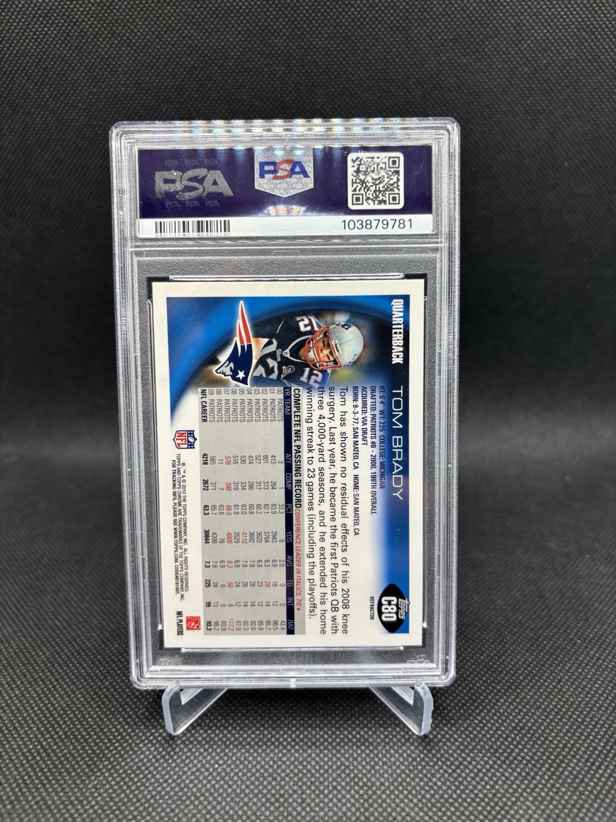 2010 Topps Chrome Tom Brady Refractor C80 PSA 9 Mint New England Patriots view 2