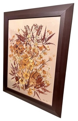 Vintage Pressed Flower Art - signiert EML 1990 - gerahmtes botanisches Wandbild 37x48cm