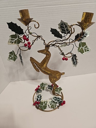 Metal Raindeer Jumping Candle holder Holly Leaves Berry Accents Christmas Decor