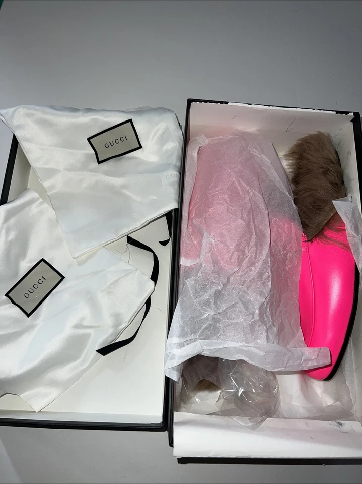 Nuevo en caja Zapatilla de cuero forrada de piel GUCCI Princetown Mules para hombre rosa fucsia talla 9 Foto 4 de 4