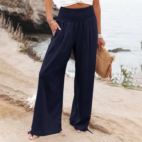 Women Cotton Linen Pants Solid Wide Leg Casual Loose Pants High Waist Trousers - Bild 19 von 36