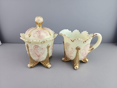 2pc  Northwoods Fan & Feather Uranium Custard Sugar & Creamer