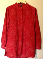 Lauren Ralph Lauren Womens Henley Tunic Top Size L Long Sleeve Red White Specks