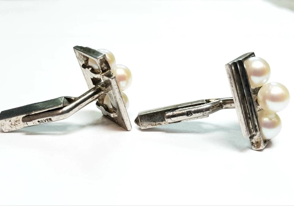 Mikimoto Pearl Cuff Links Akoya Pearls Vintage Mikimoto Silver - Image 3 of 3