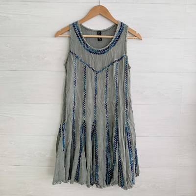 Sacred Threads - Distressed sage green blue ombre stitched flare mini dress,  S-M | eBay