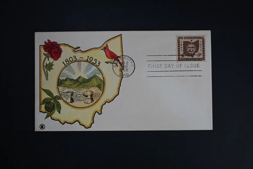 1953 FDC USA Scott # 1018-5 Bogert Hand Painted Cachet VF Cover Unaddressed Ohio
