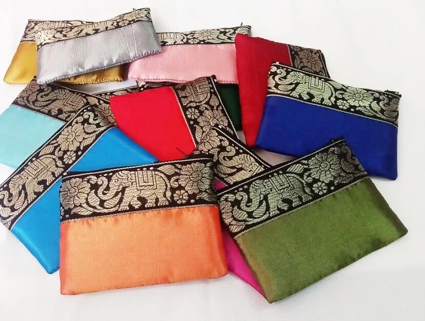 100Pcs Thai Elephant Bag Silk Purse Wallet Coin Card Zipper Souvenir Embroidered - Image 2 of 4