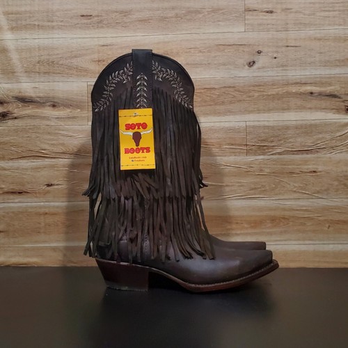 Soto Boots Women's Santa Fe Fringe Cowgirl Boots - Dark Brown Leather With Embroidery