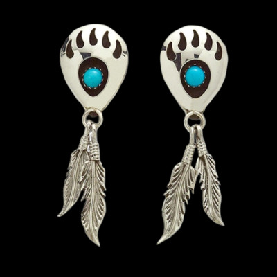 Indianerschmuck Feder Ohrringe Türkis Bärentatze Westernschmuck Bear Paw Western