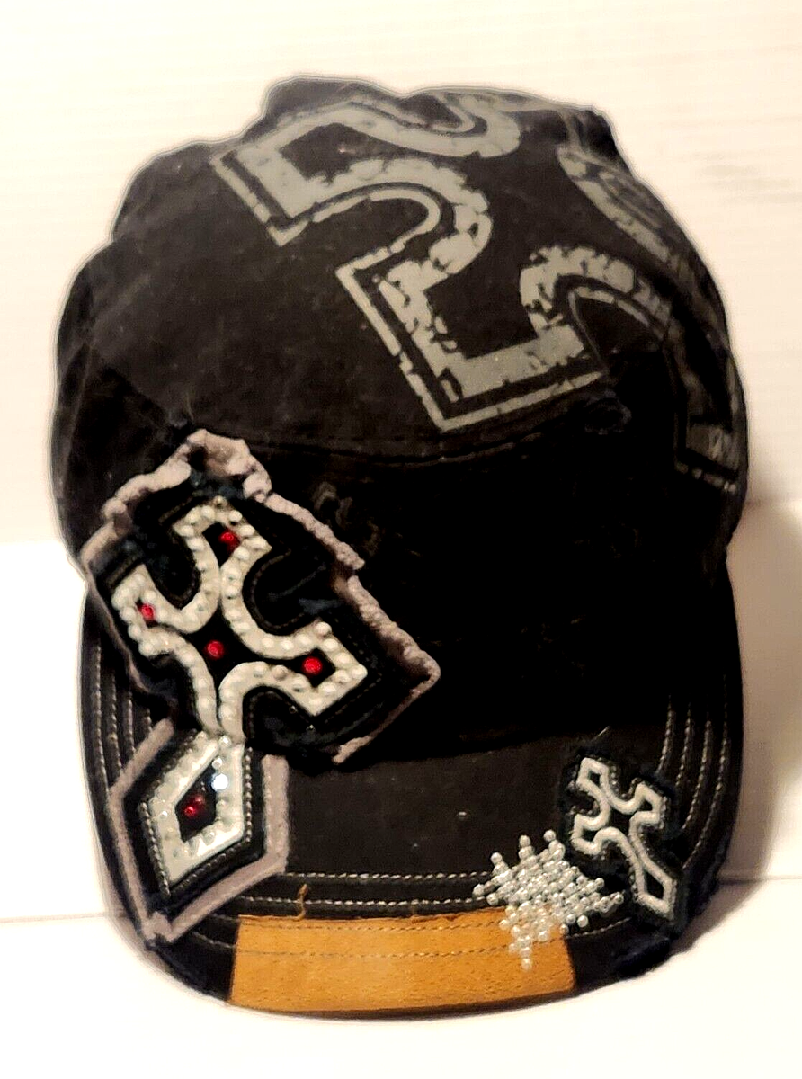 Sewed On Patch w/ Rhinestone Cross Black Cap Stretchable Fitted