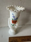 Antique Victorian Bristol Milk Glass Hand Holding Vase with Painted Flowers