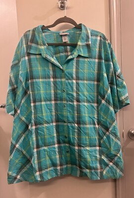 Catherine s Liz & Me Button Down Shirt Women s 4X Short Sleeve Plaid Green 