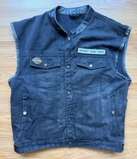 vintage black collarless Harley Davidson Denim vest jean Biker jacket mens L