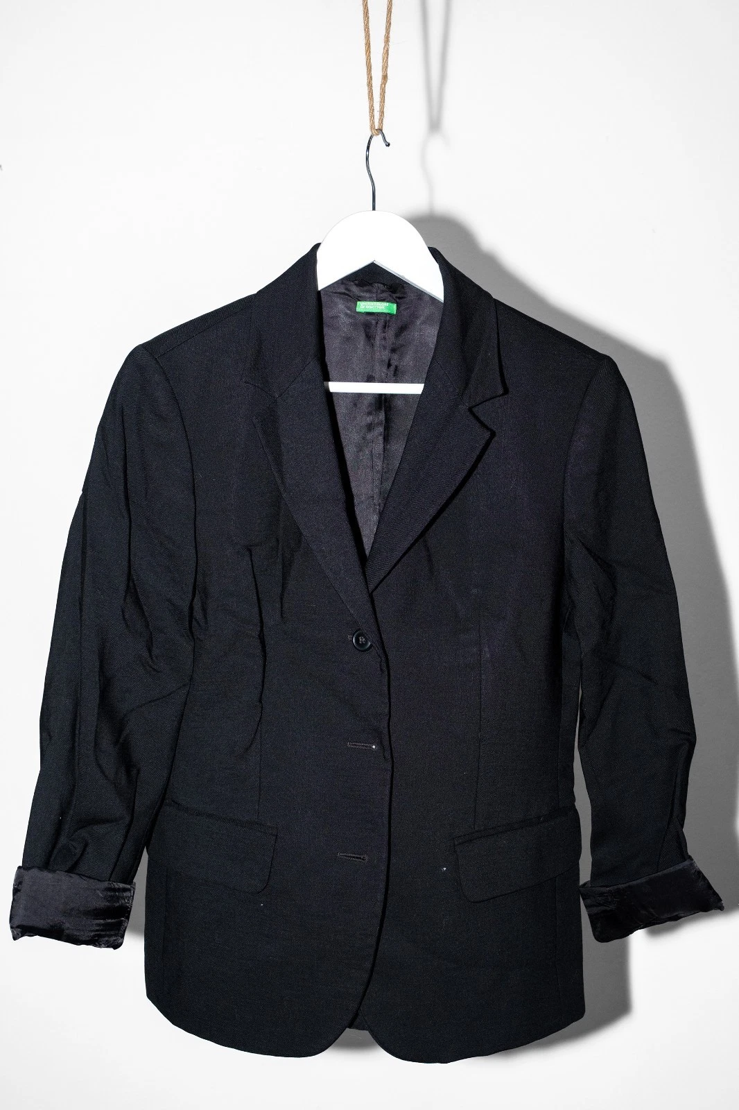 Vintage United Colors of Benetton Pure Wool Blazer Jacket Black Italy Size 42