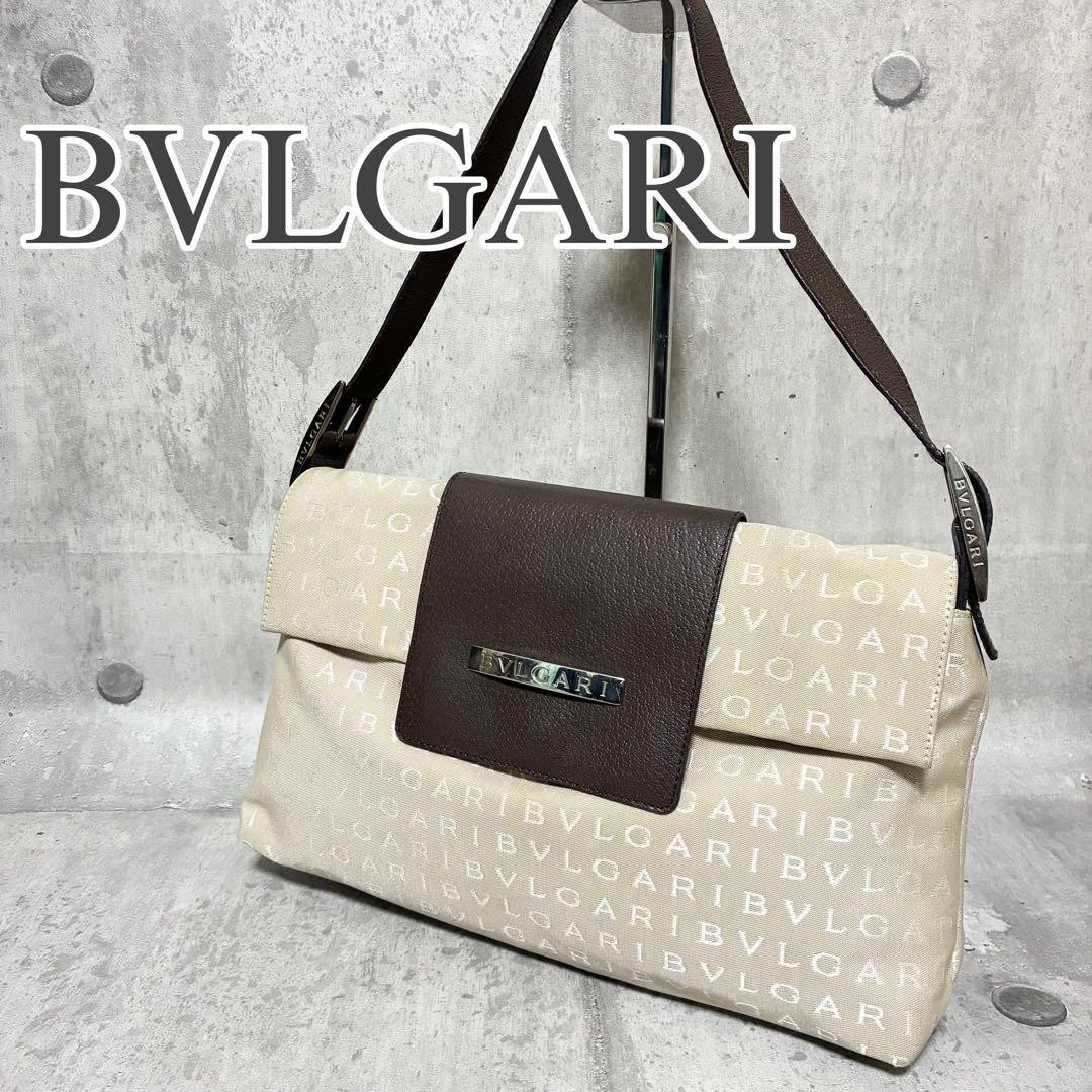 BVLGARI One Shoulder Bag Logo Mania Jacquard Canvas Leather Authentic From Japan