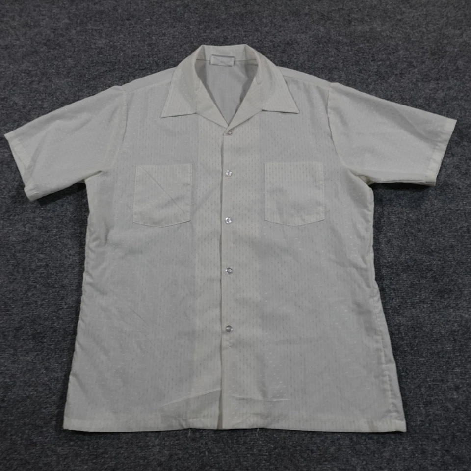 Vintage Sears Shirt Mens L Beige Stripe Camp Button Up Dagger Collar 70s 14069 - Image 2 of 4