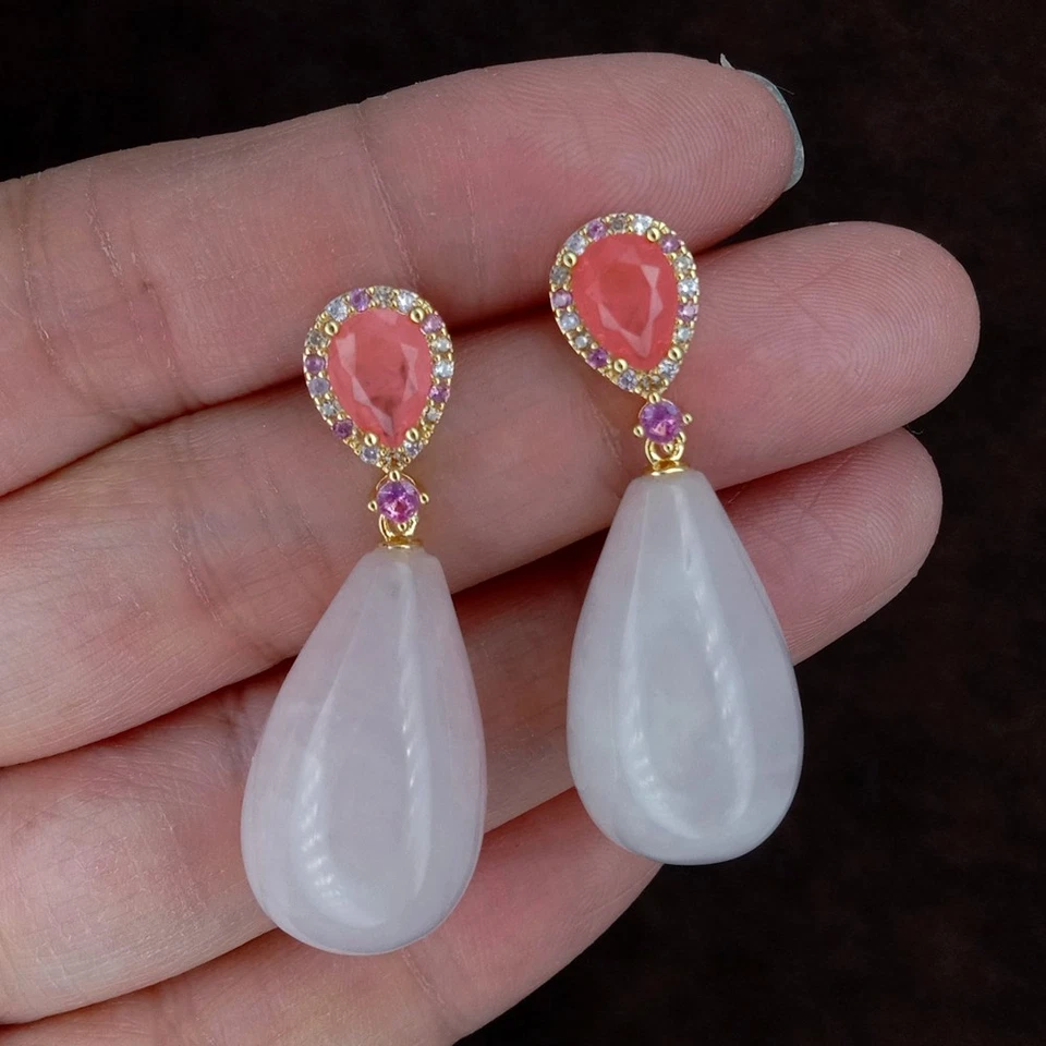 Rose Quartz Orange Crystal Stud Dangle Holiday Earrings Elegant Jewelry Gifts - Image 4 of 4