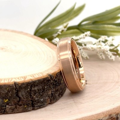 Rose Gold Tungsten 6mm Ring Brushed Polished Edge Unisex Band For Christmas Gift
