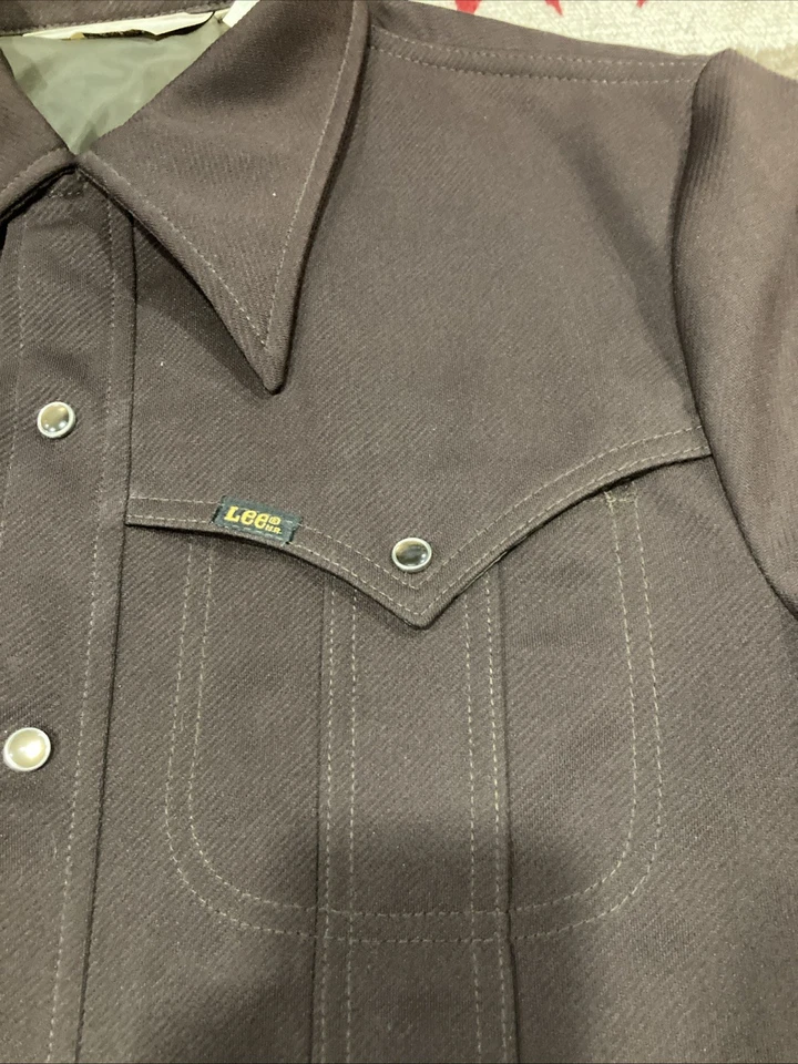 Chaqueta Camisa Marrón Cuello Daga A Presión Perla Lee Años 70 De Colección Talla ML - 21”x30” Foto 4 de 4